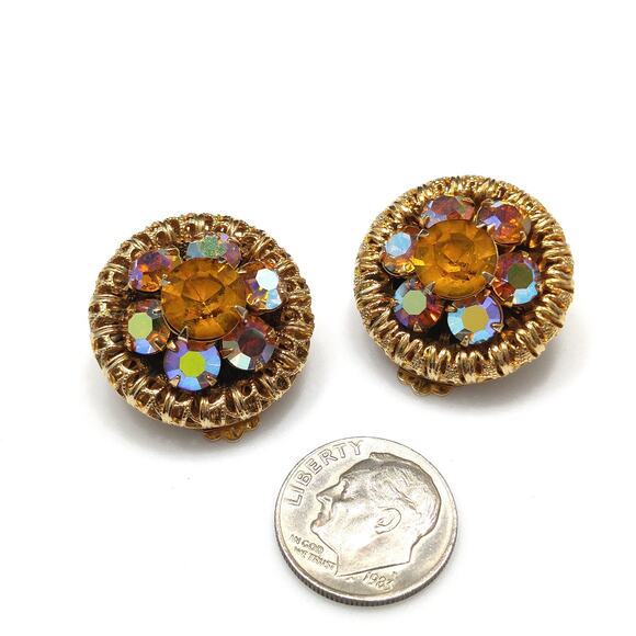 Vintage Topaz Rhinestone Mesh Earrings, Gold Plated, Aurora Borealis, 1950s - Picture 4 of 10